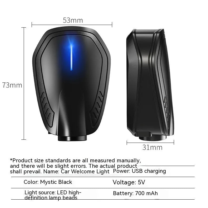 F2 rechargeable wireless car welcome light in black with ABS plastic housing.