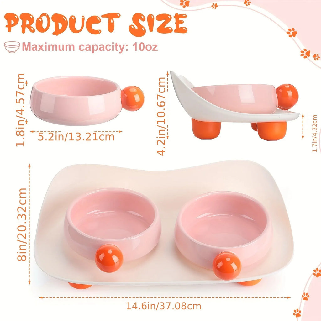 Ceramic pet feeding bowl set with two raised bowls and non-slip base in pink colour