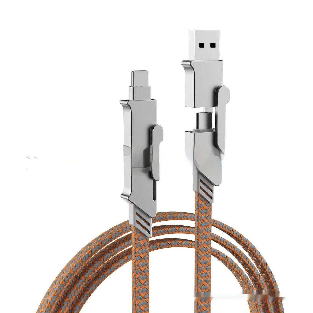 Six-in-one 120W fast charge data cable with zinc alloy connectors in black, showing multiple USB tips