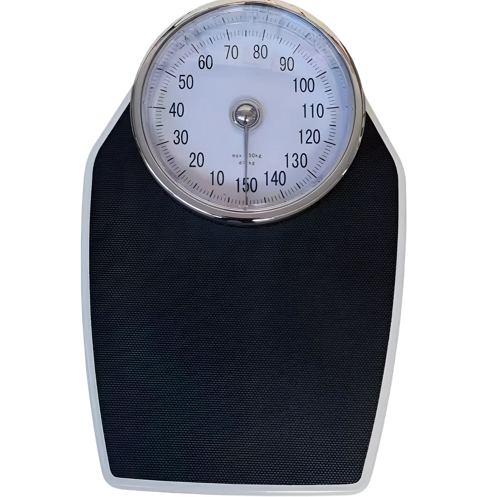 Large black mechanical body weight scale with dial pointer and 47cm platform