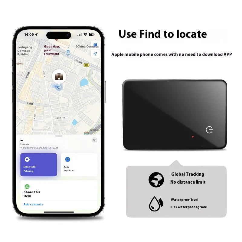 Black card-shaped pet tracker with wireless charging and NFC, showing hanging hole.