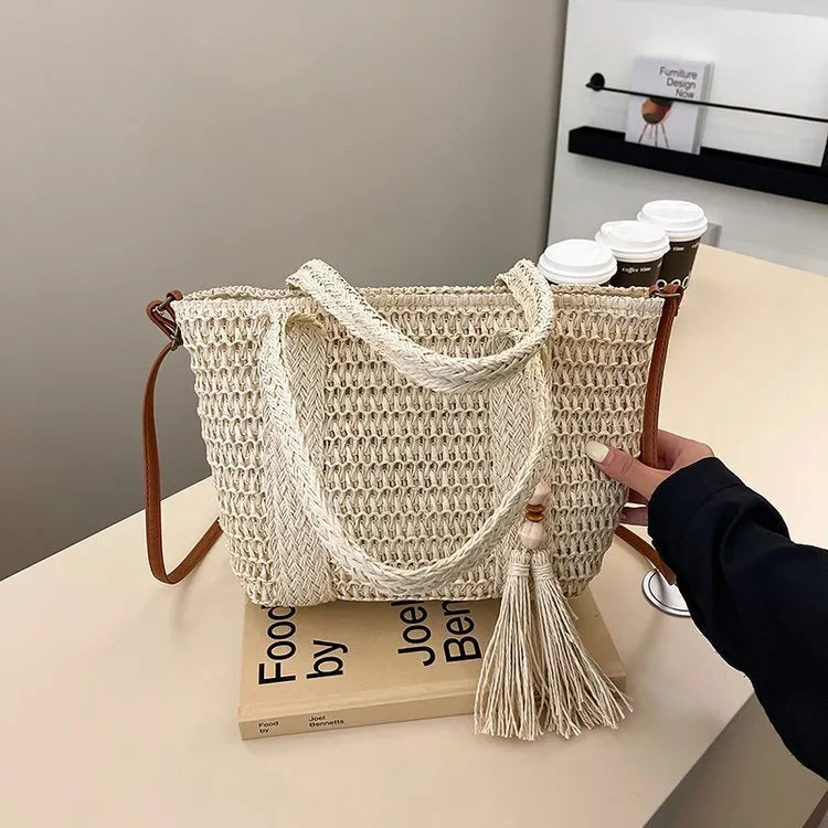 Women's woven straw crossbody shoulder bag in milky white with large capacity design