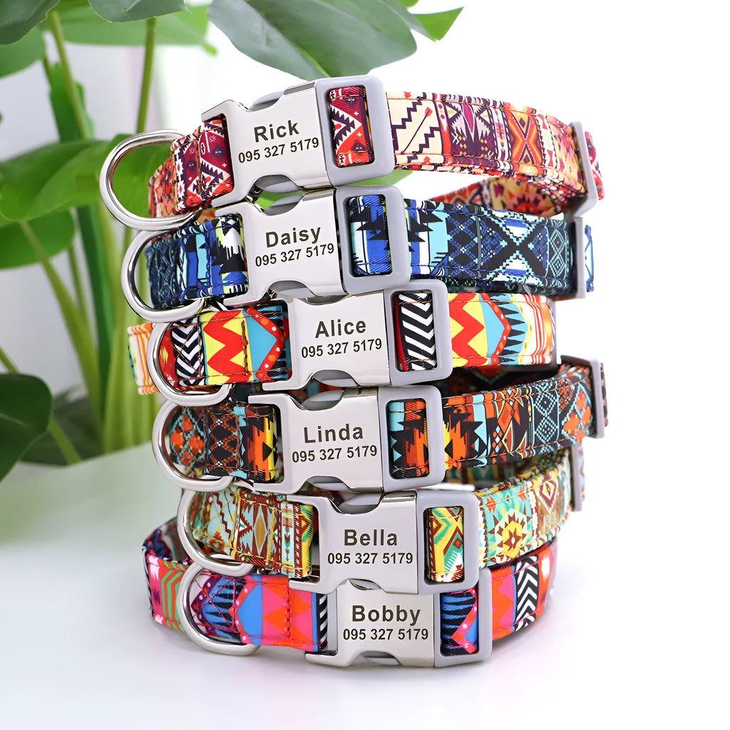 Nylon pet collar with mohair lining, personalised, available in black, blue, orange, rose, red, pink, green, white, and yellow.
