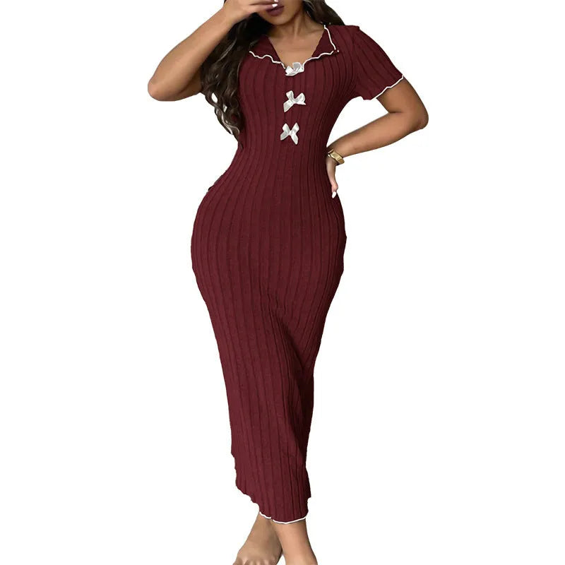 Jumpsuit style nightgown mid length dress in polyester with three-quarter sleeves, available in Light Purple, Dark Blue, Dark Red