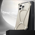 Zinc alloy phone case for iPhone 15 Pro in bright gun colour with frameless hollow heat dissipation design
