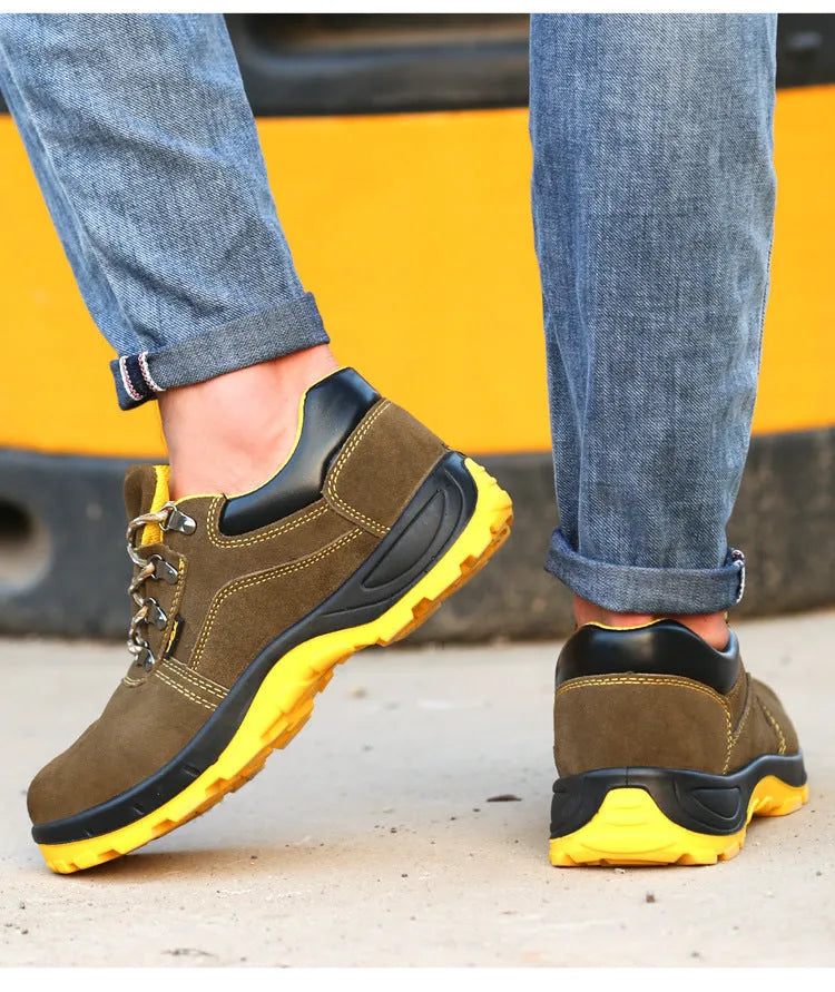Bronze coloured men's low-cut safety boots with cow suede upper and steel toe cap on anti-slip sole