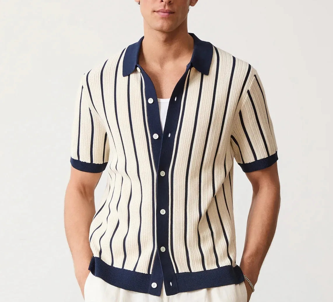 Men's white ice silk knitted top with asymmetric lapel and British style design