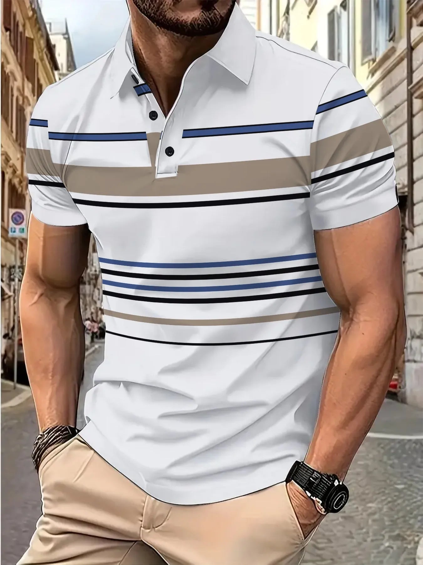 Men's white striped short sleeve t-shirt on a hanger