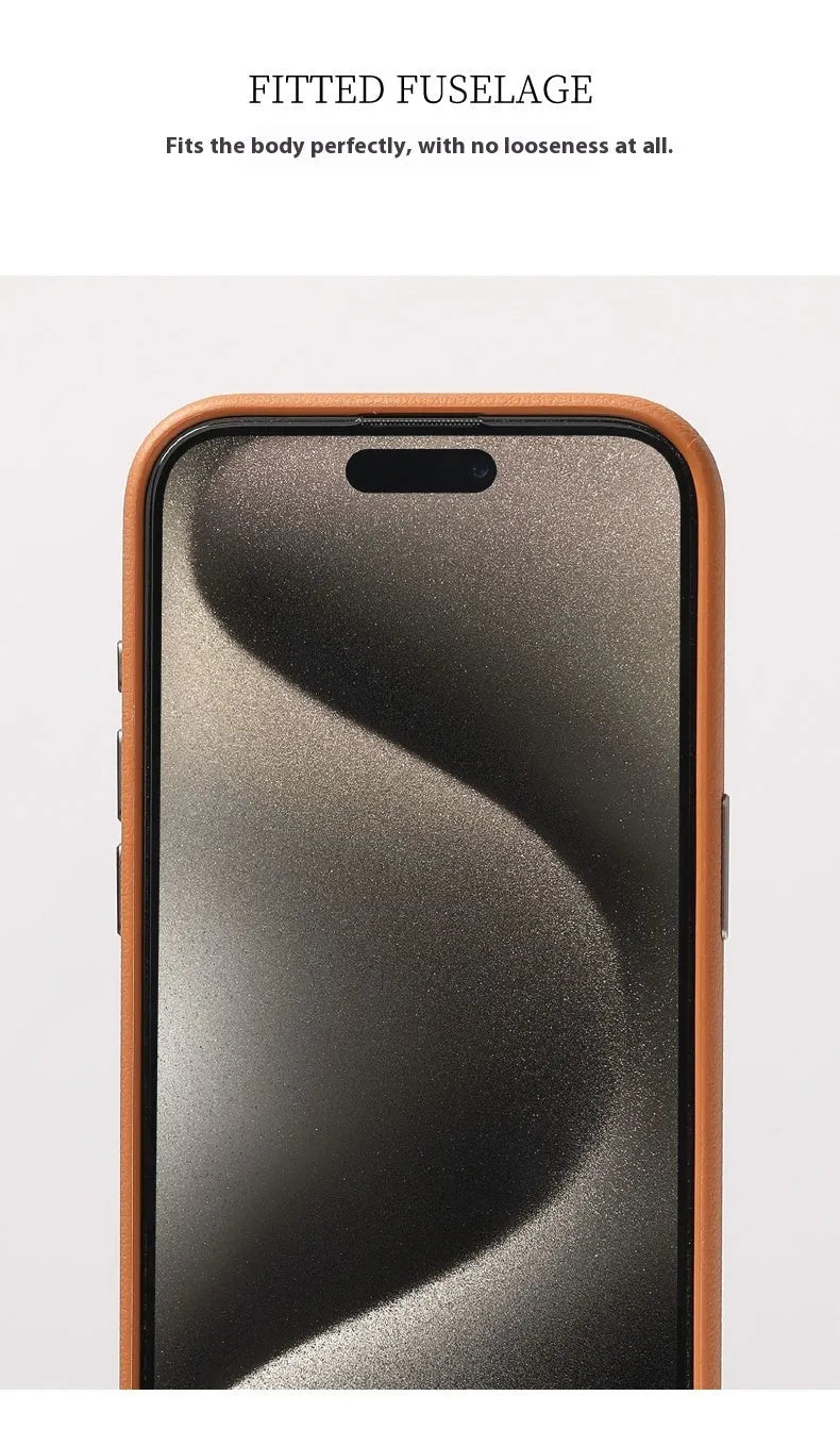 Black genuine leather iPhone case with alloy metal camera protection frame and MagSafe magnetic ring