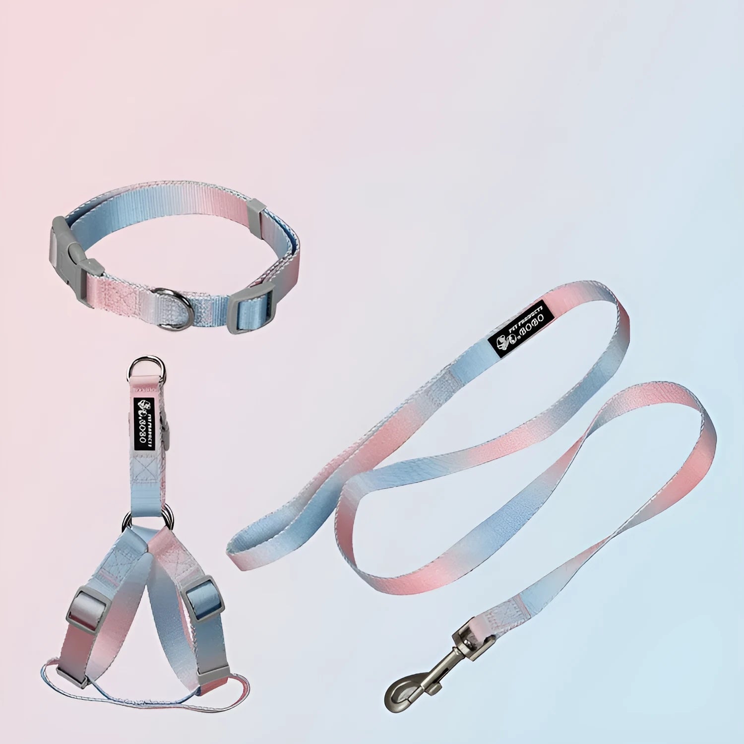 Nylon dog leash set showing gradient colour options including pink blue, yellow blue, pink yellow, and purple green combinations