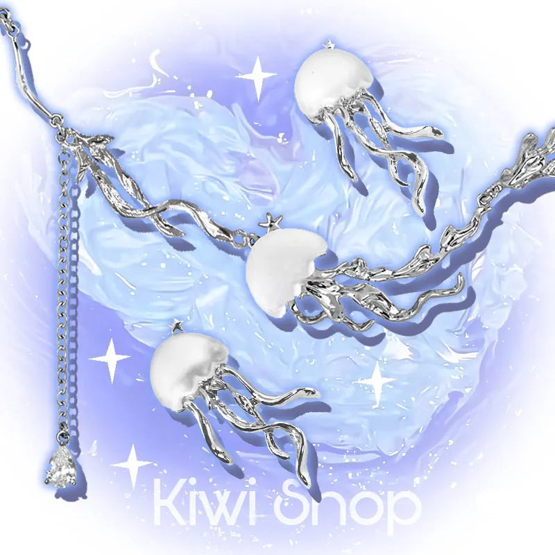 Frosted deep-sea jellyfish necklace and earrings with 30mm to 35mm pendant and under 10cm extension chain