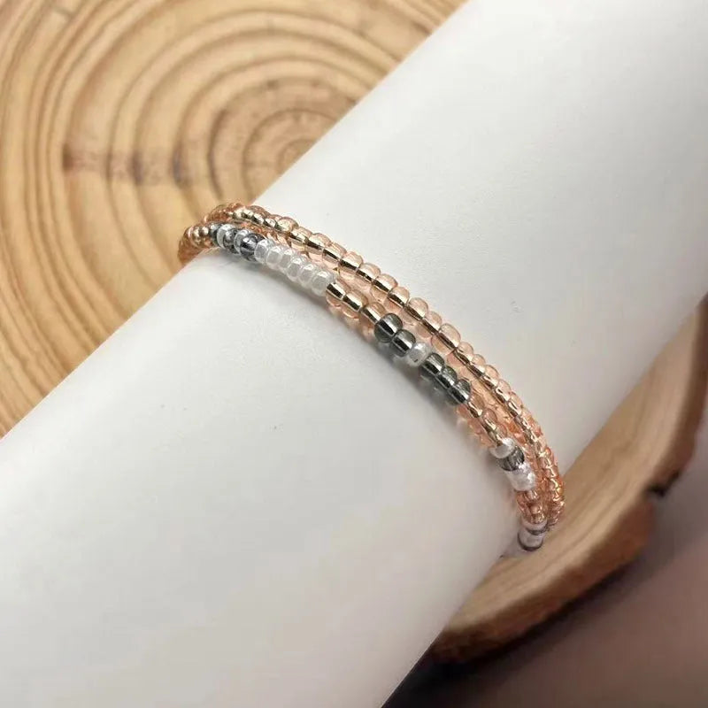 Moss Password Beads Bracelet with crystal string beads and stainless steel double layer geometric chamfered square pattern
