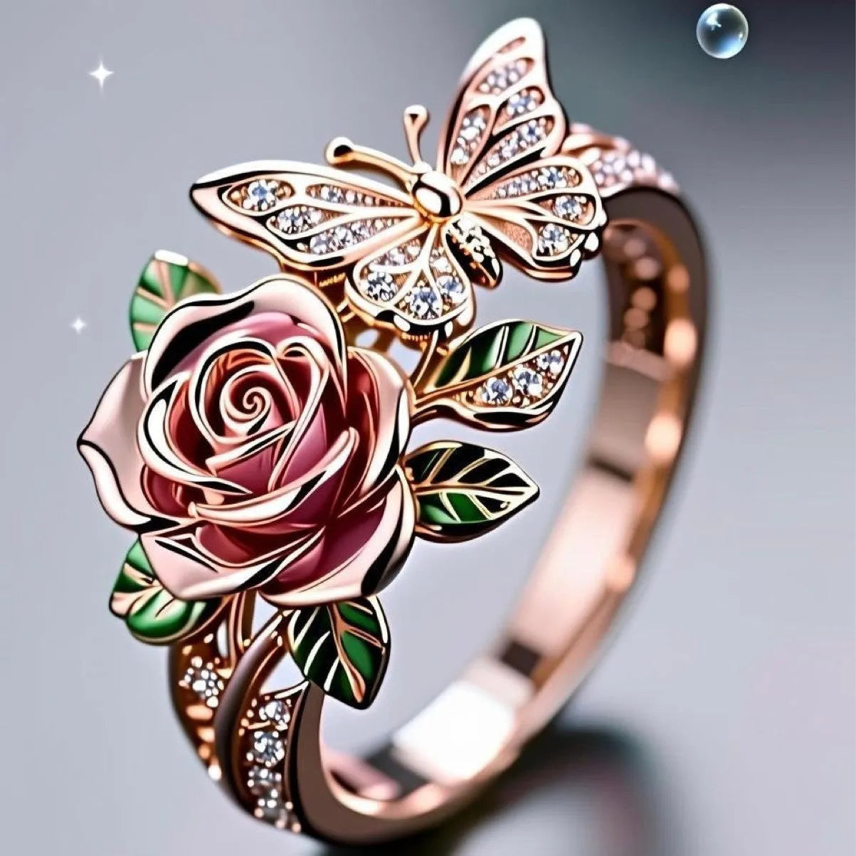 Adjustable oil-drop effect butterfly personality ring in fairy style with floral insect leaf motifs