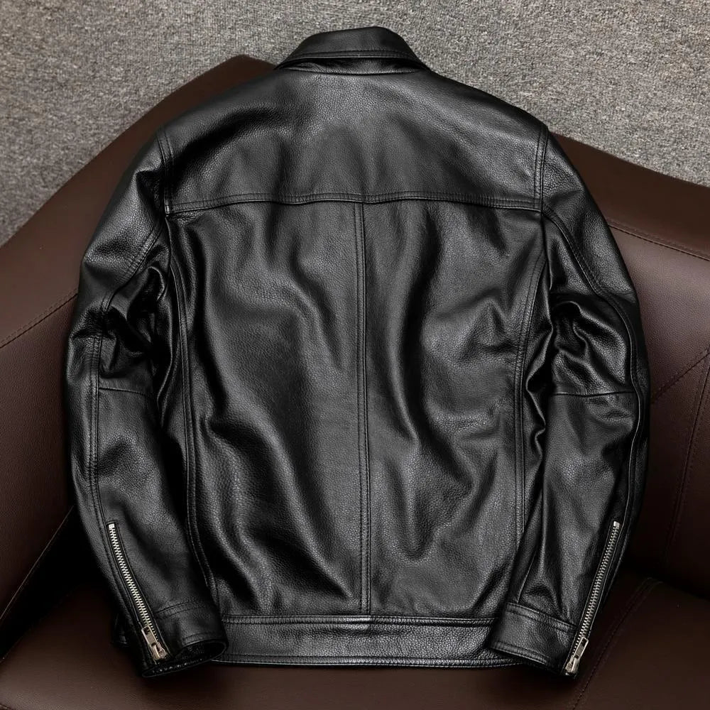 Men's black plus size lapel leather jacket with side pockets on mannequin