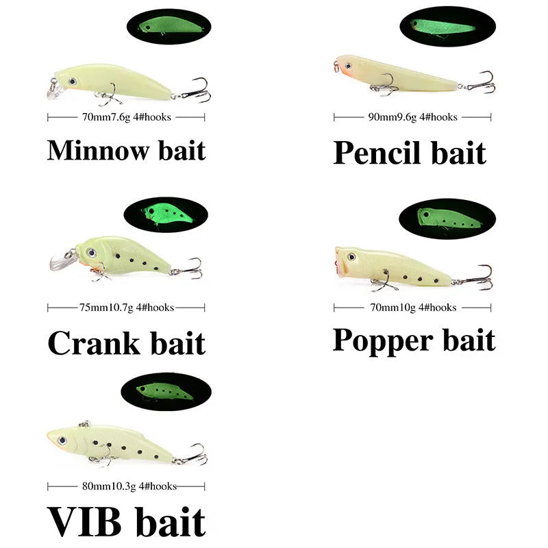 Set of five 3D fluorescent hard bait fishing lures with luminous details.