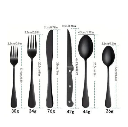24-piece stainless steel tableware set in black, modern minimalist cutlery with mirror polish finish