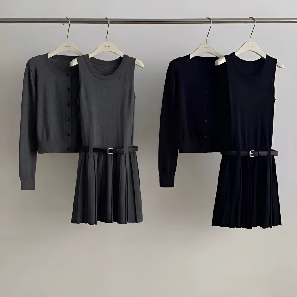 Grey Art Retro style women's knitted vest skirt and long-sleeved cardigan two-piece set with a 3D pattern.