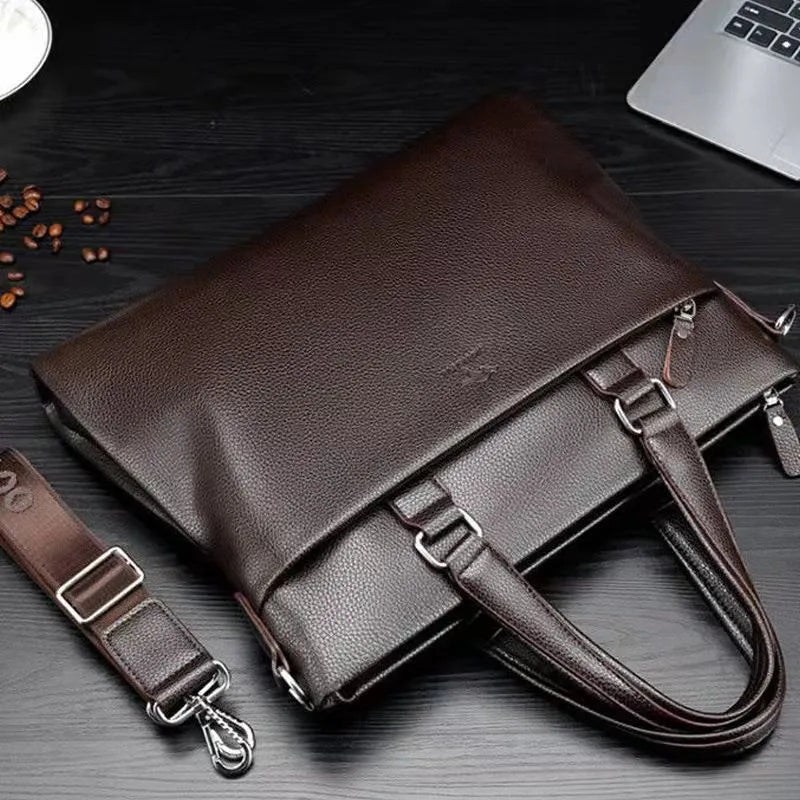 Men's black and brown PU leather shoulder messenger bag with splicing style, 35x30x4cm