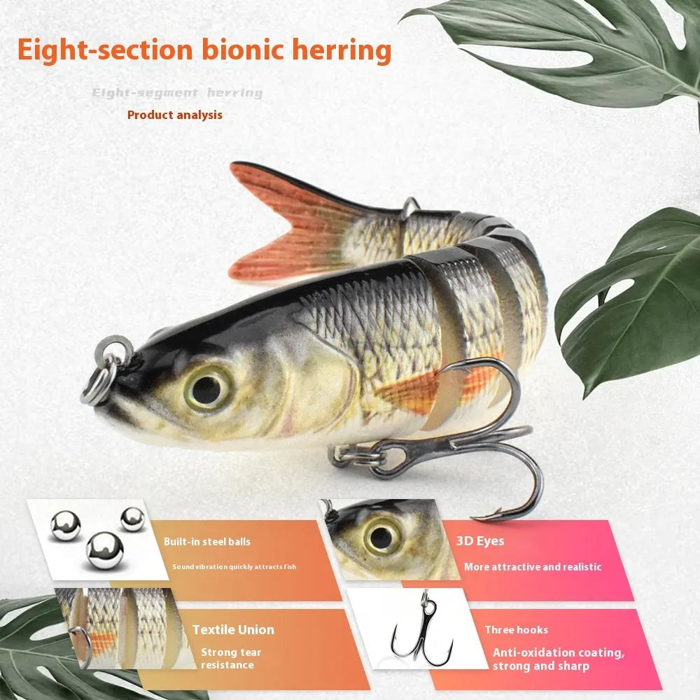 Hard plastic fishing bait lure showing bionic fish design, 133mm long, with colour options and storage box.