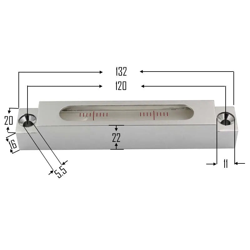 Mini strip spirit level with metal frame and glass bubble vials showing 132mm length