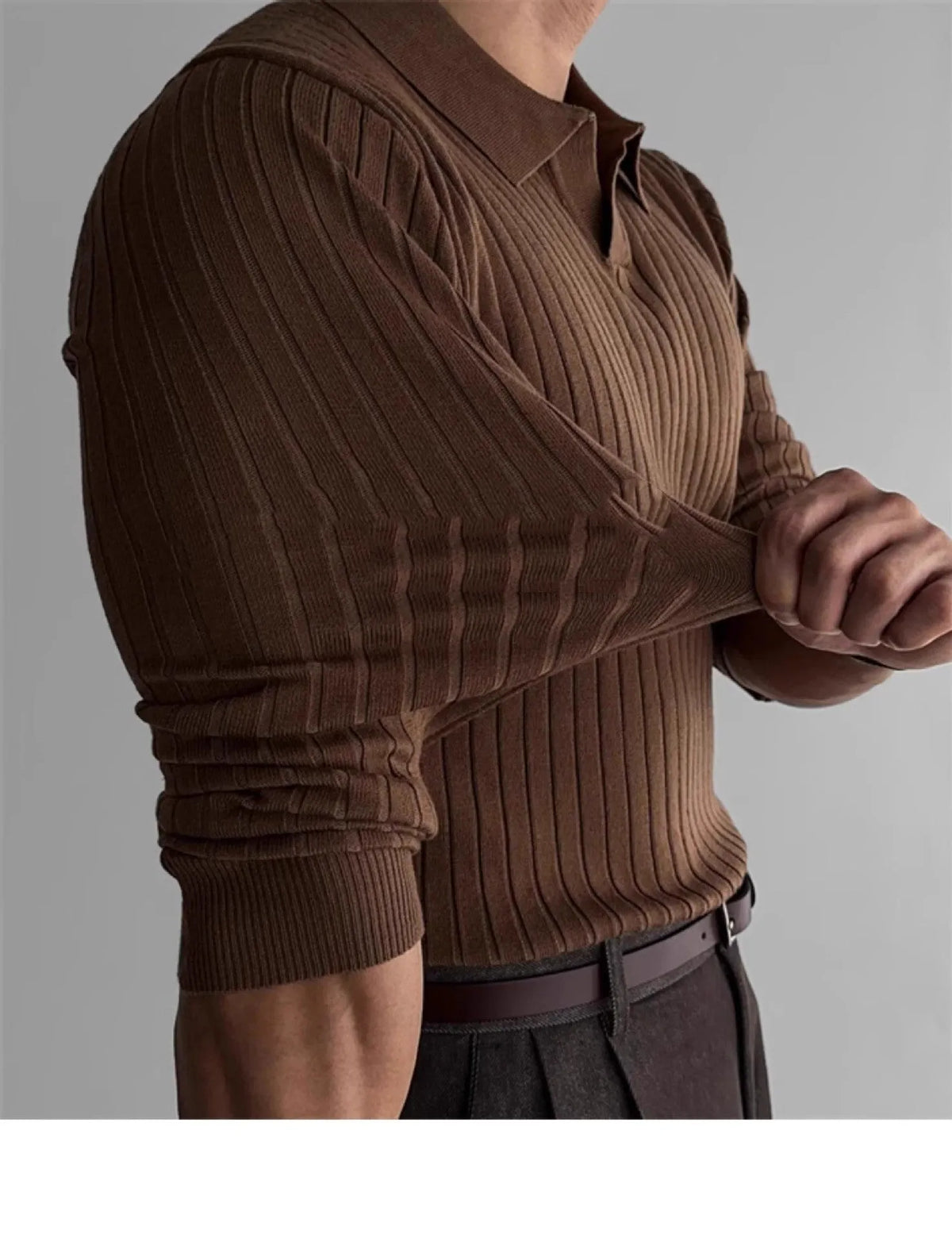 Men's Korean style slim fit long sleeve t-shirt in black, white, or brown polyester