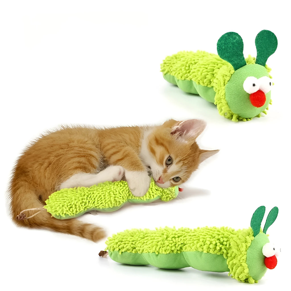 Green interactive plush cat toy pillow with rechargeable electronic sports features measuring 24x11x5cm