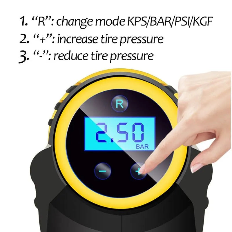 Automatic portable handheld digital LED car air compressor with hose and connectors on black background