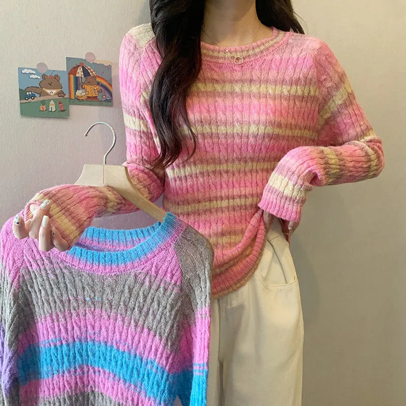 Women's striped round neck pullover sweater in pink or purple, slim fit, long sleeves, 50cm length, average size