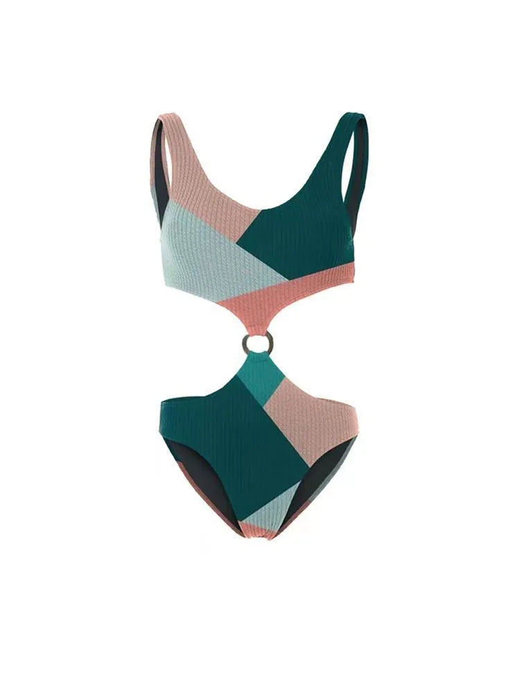 Women's two-piece bikini set with a matching mesh gauze skirt in contrast colours.
