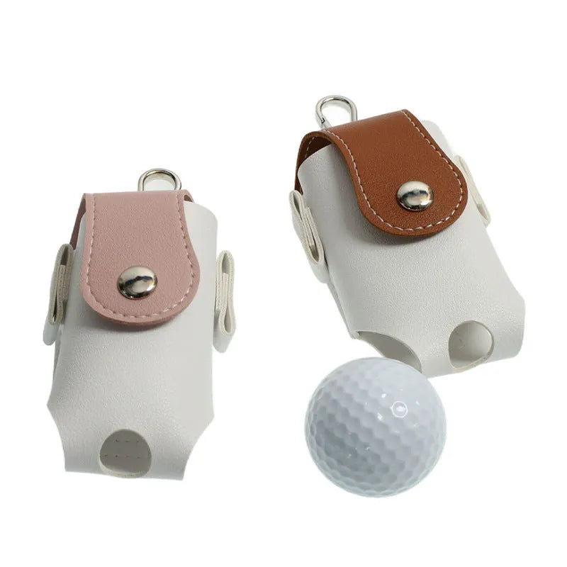 Mini portable PU golf ball bag in blue, pink, brown, and gray on a white background