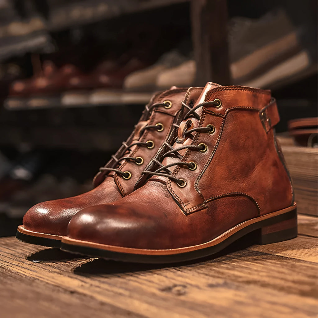 Men's black military Martin boots with rubber sole and lace-up closure on a work site