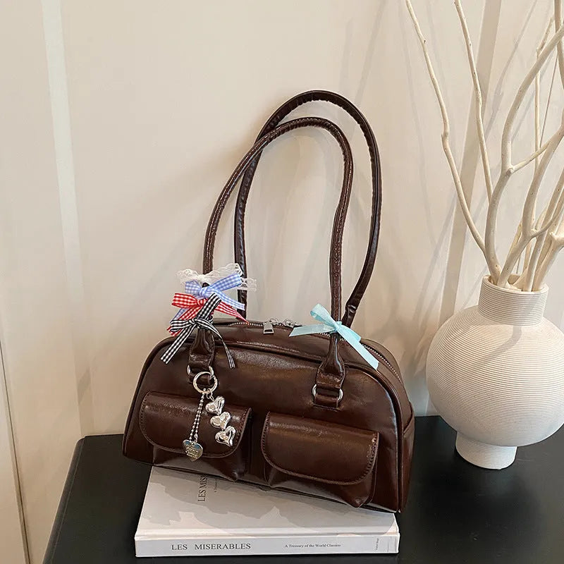 PU leather women's pillow-shaped handbag with double shoulder strap and retro flap closure