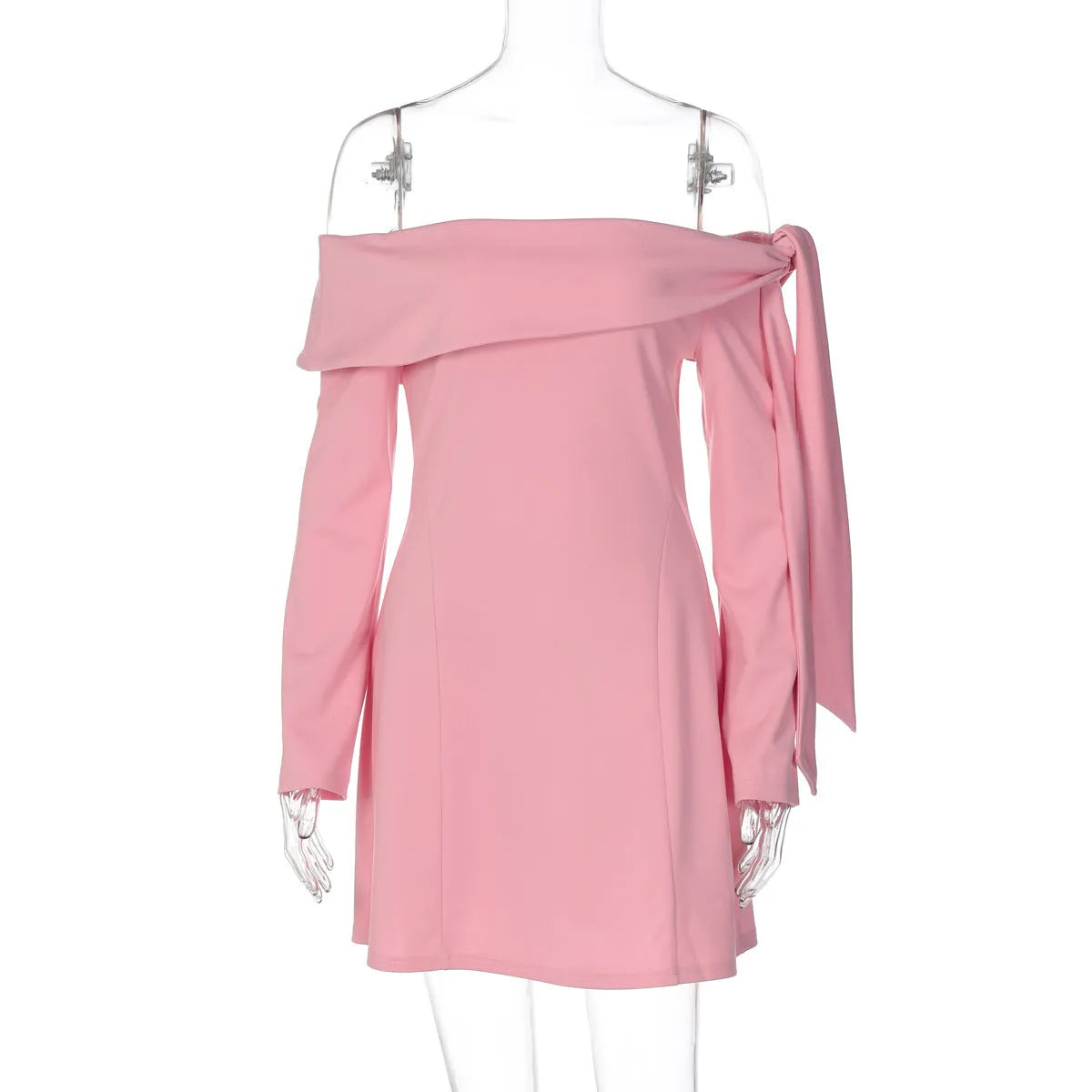 Off-shoulder slim-fit long-sleeved dress in pink with polyester fabric and short skirt length