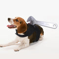 Black felt pet Halloween vest with bloody plastic knife prop for cats and dogs, hook and loop fasteners, side view