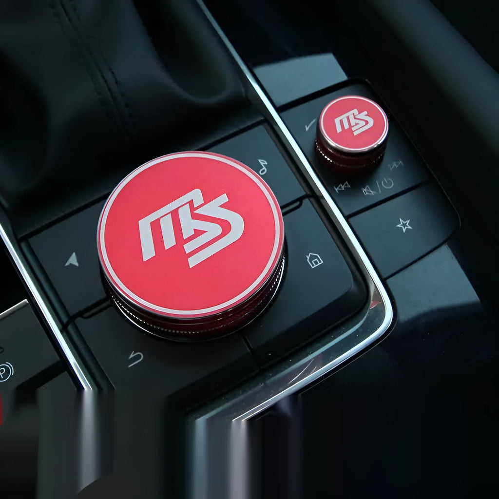Red aluminium alloy multimedia and audio knob decorative rings set with MS logo for car interior