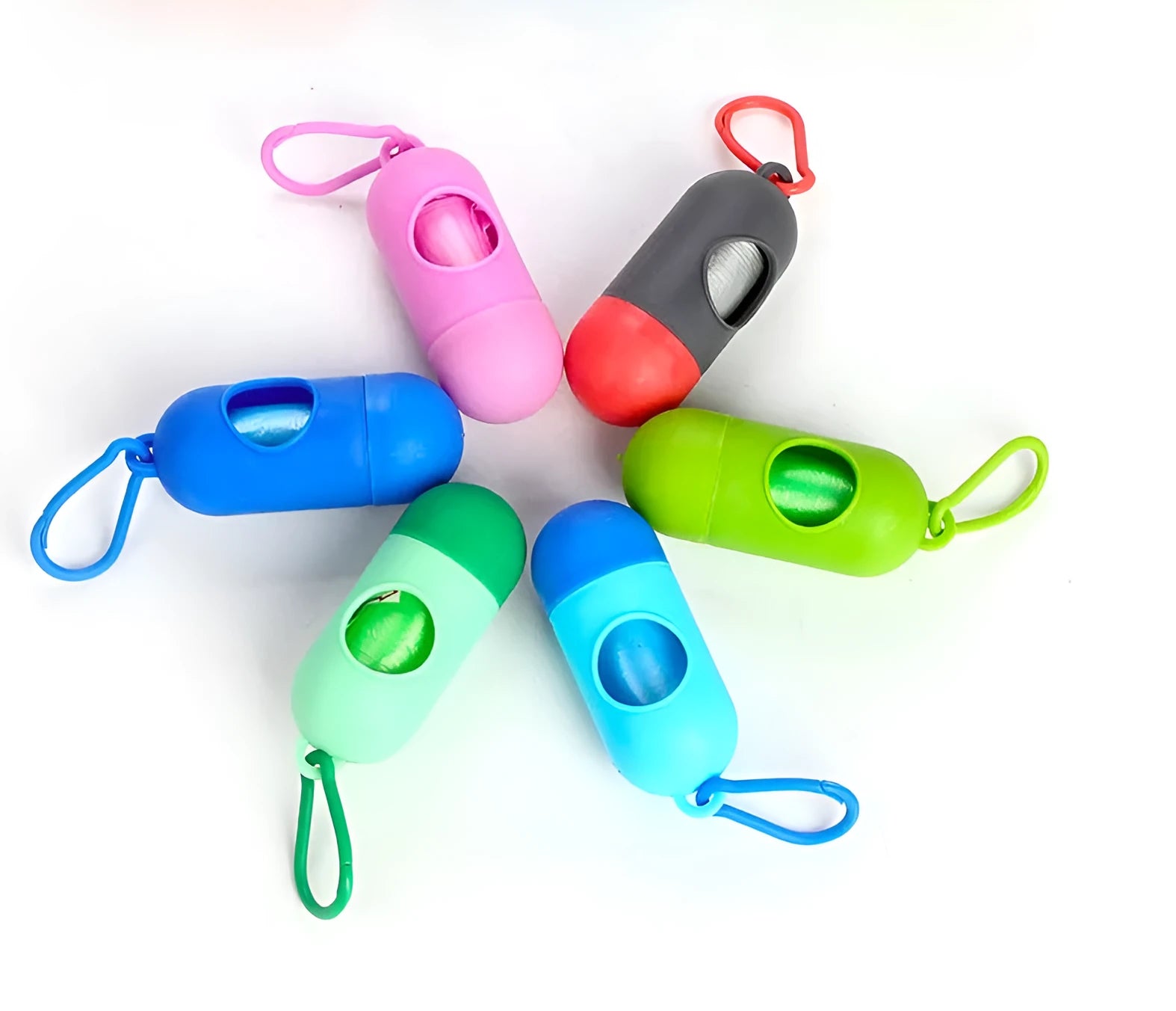 Six different coloured dog waste disposal bags showing black, blue, green, light blue, pink, and red options