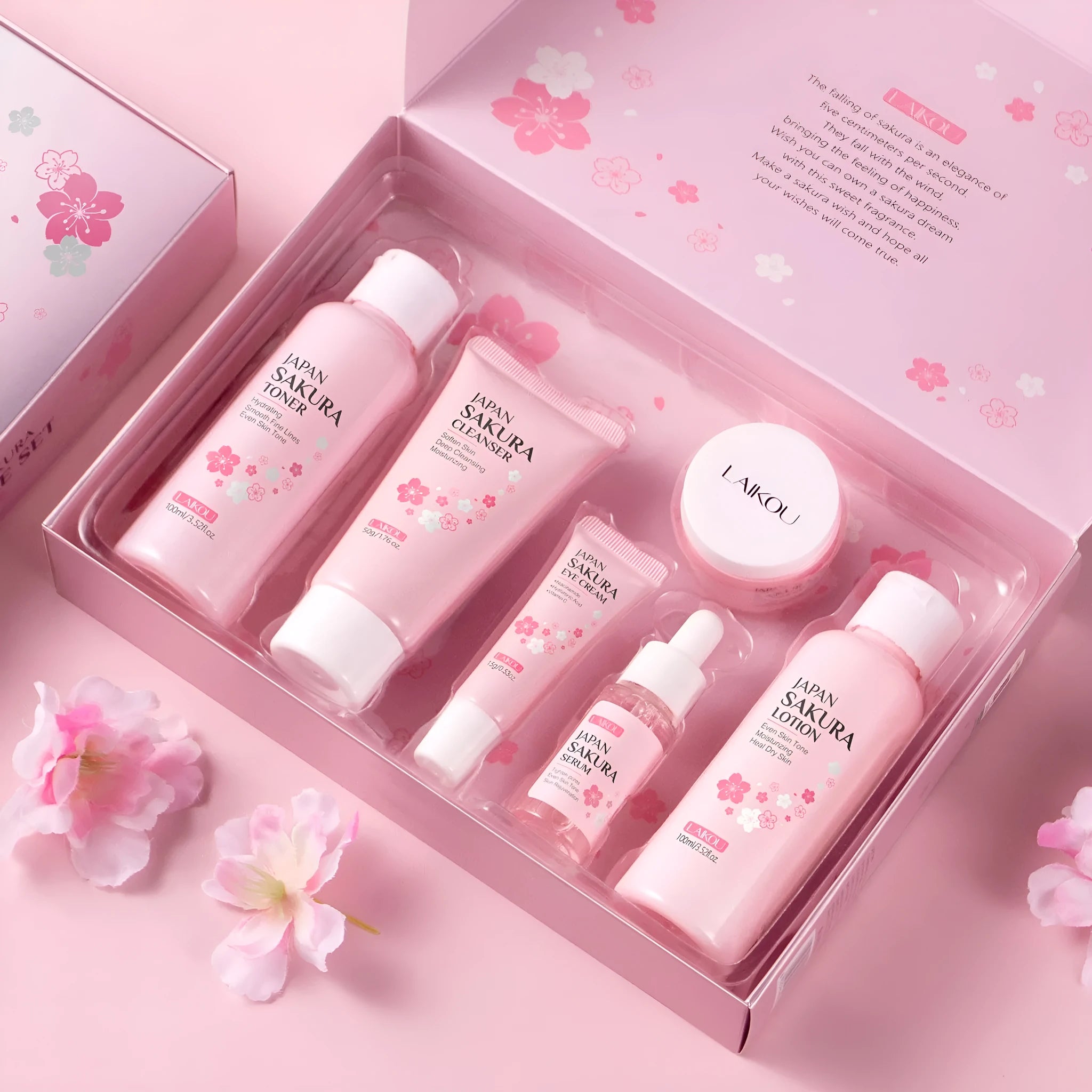 Cherry blossom facial care 6-piece set showing cleanser, toner, moisturiser, serum, eye cream and essence cream