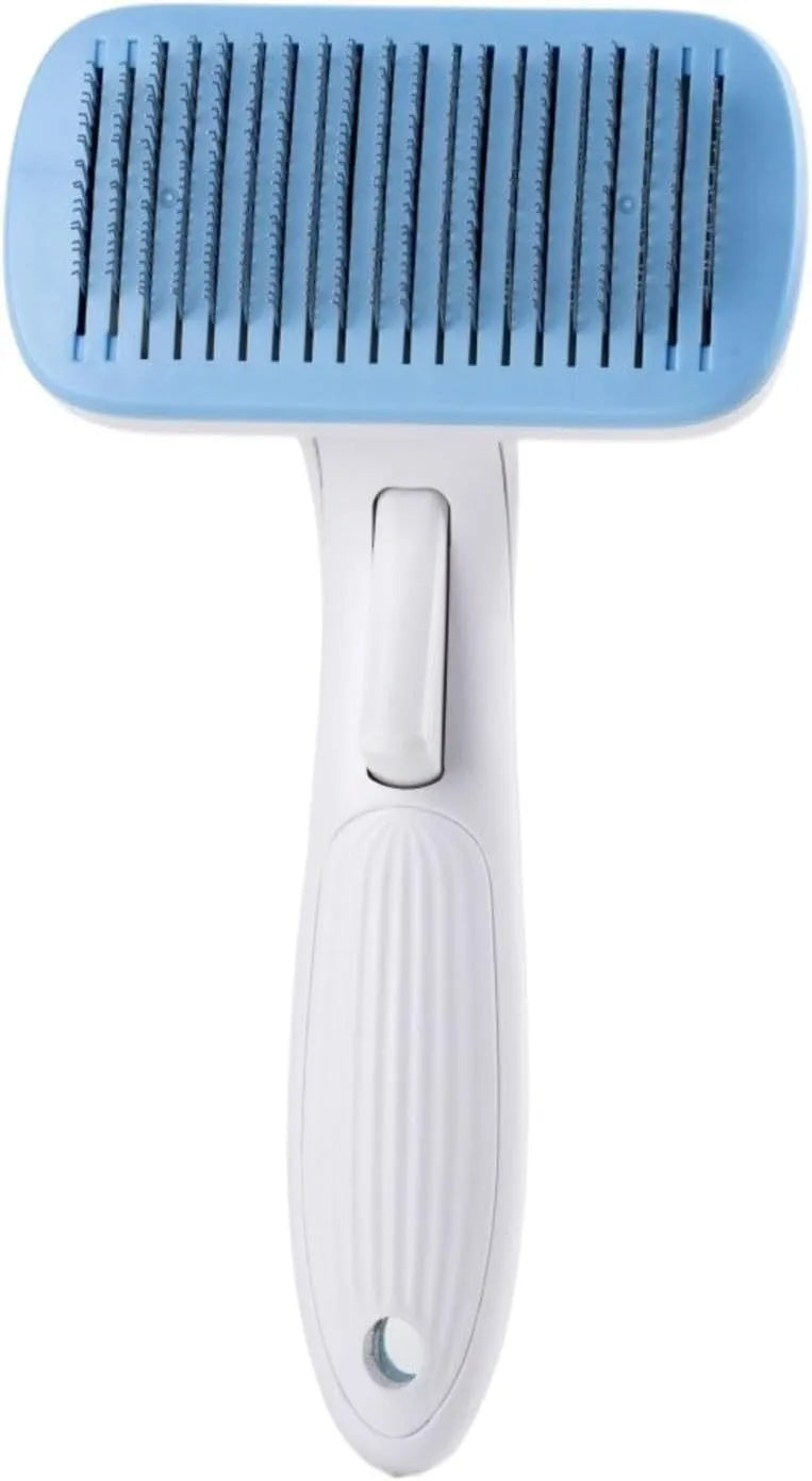 Automatic pet hair removal comb for dogs and cats showing colour options and compact size