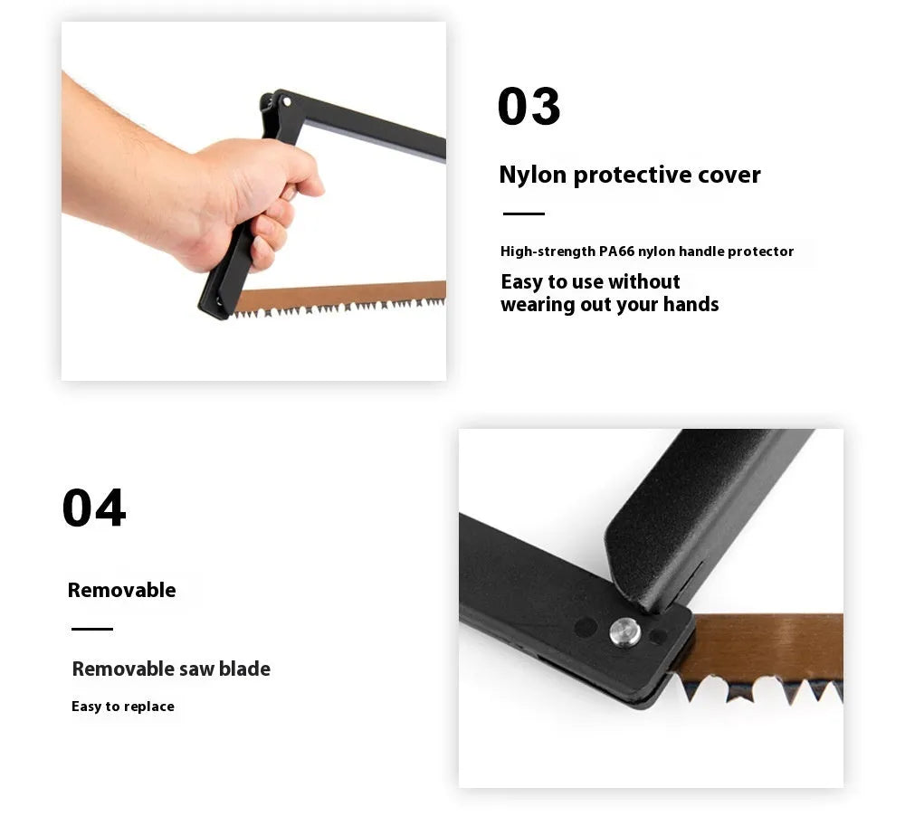 Black foldable outdoor survival saw with aluminium alloy frame and nylon handle.