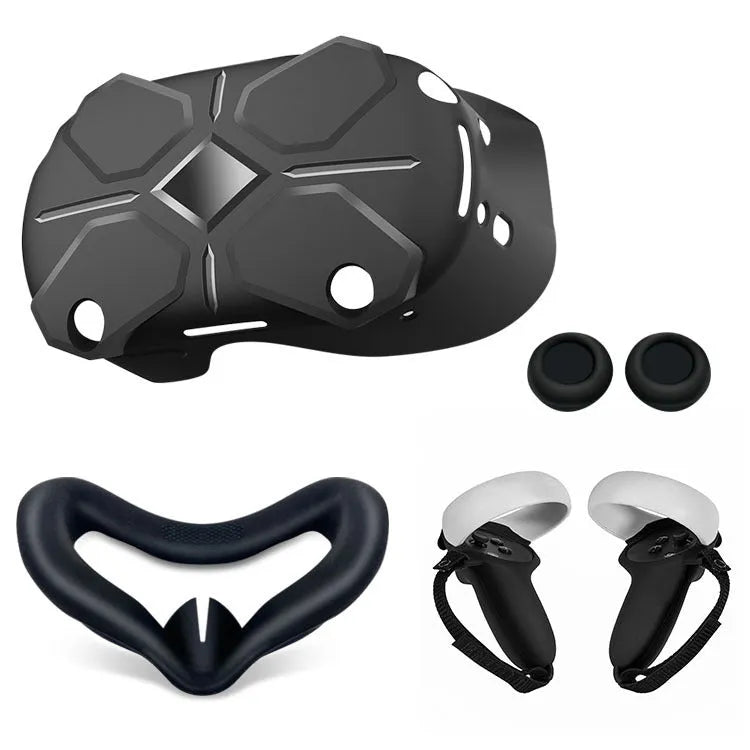 Black silicone VR headset accessories kit with glasses cover, eye mask, and controller grips.