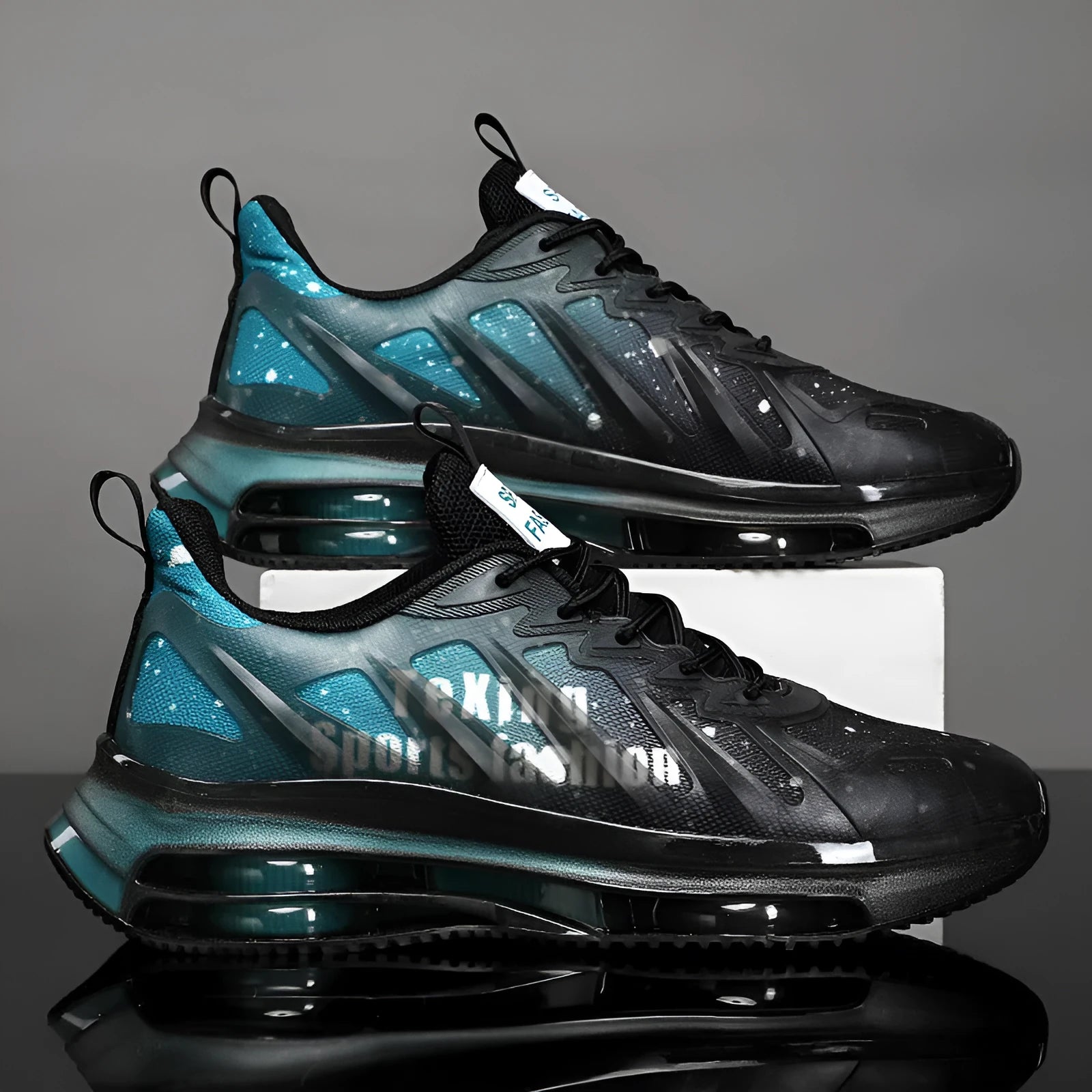 Men's black green casual platform shoes with mesh upper and rubber sole, shown with lace-up front.