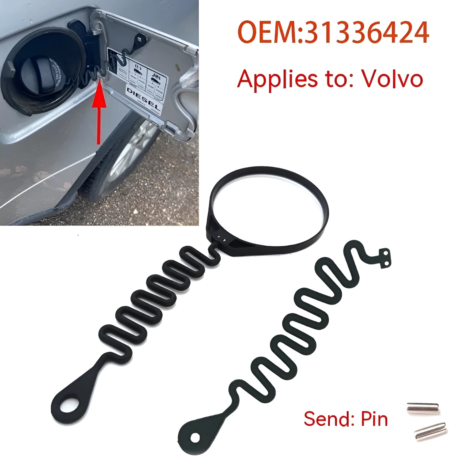 Black rubber fuel cap tether for Volvo cars, shown in round band and separate rope styles.