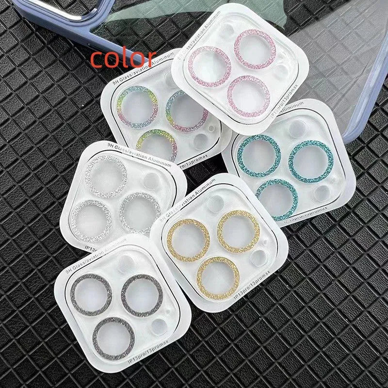 Tempered glass iPhone lens protector with integrated rhinestone glitter design in multiple colours