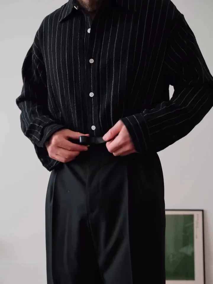 Black pinstriped button-down business shirt with long sleeves and regular fit
