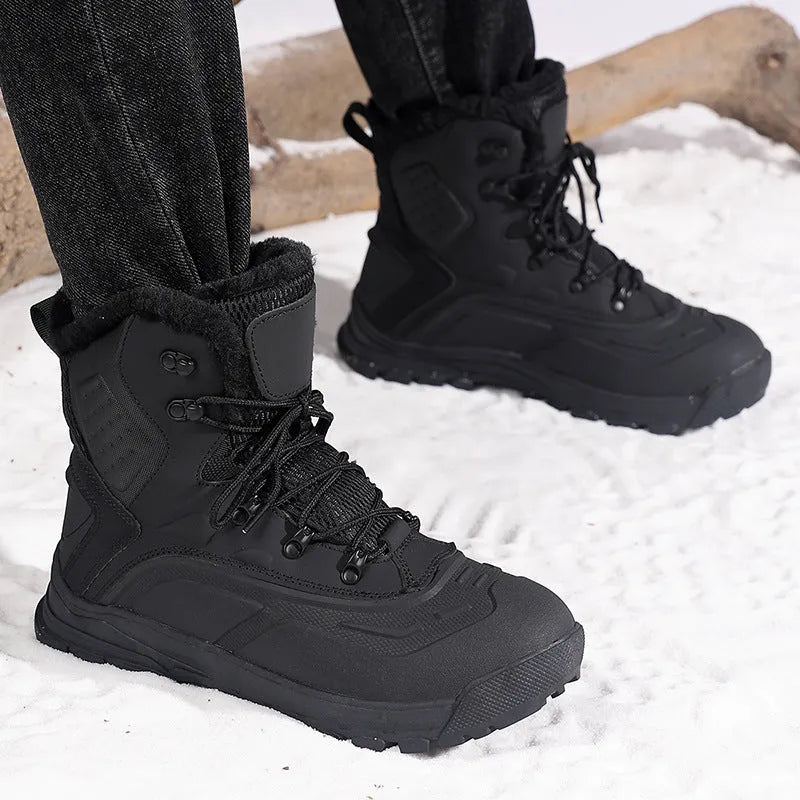 Men's black high-top fleece-lined winter boots with flat heel and lace-up front