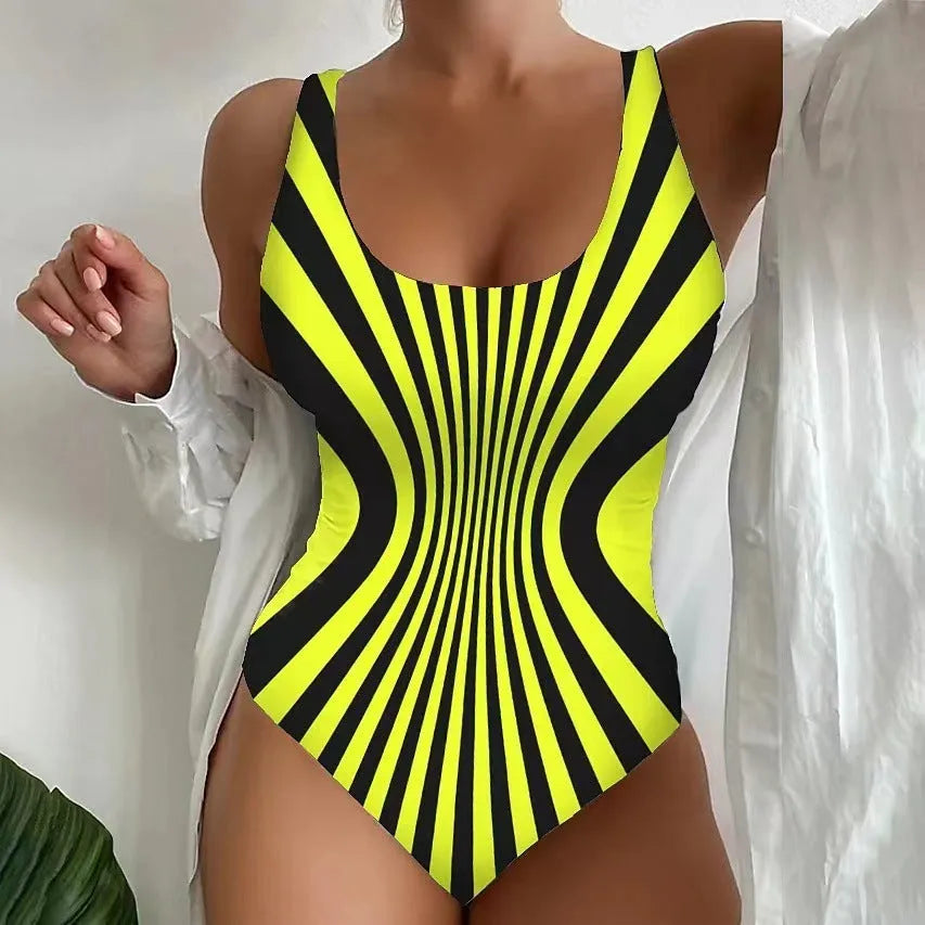 Sling one-piece striped printed swimsuit for women in fluorescent green, polyester fabric, S-5XL sizing