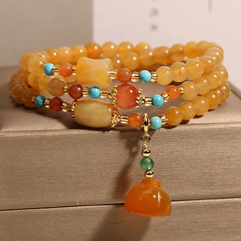 Three-layer jade bracelet with carved lotus seedpod pendant, Jinsi jade, women's retro style
