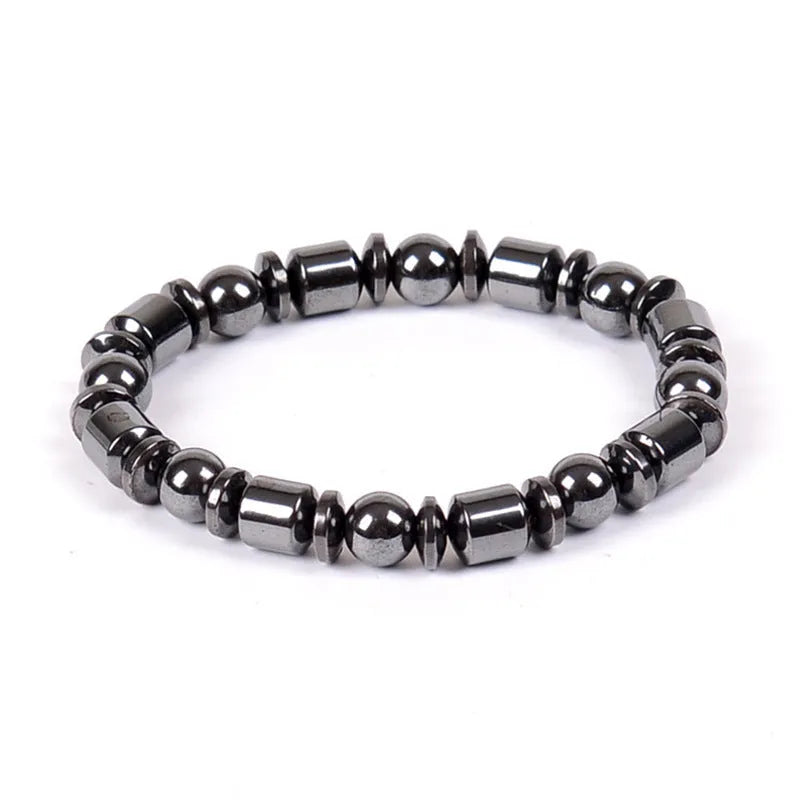 Black stretch bracelet with pentagram stone design, made from magnetite and hematite.
