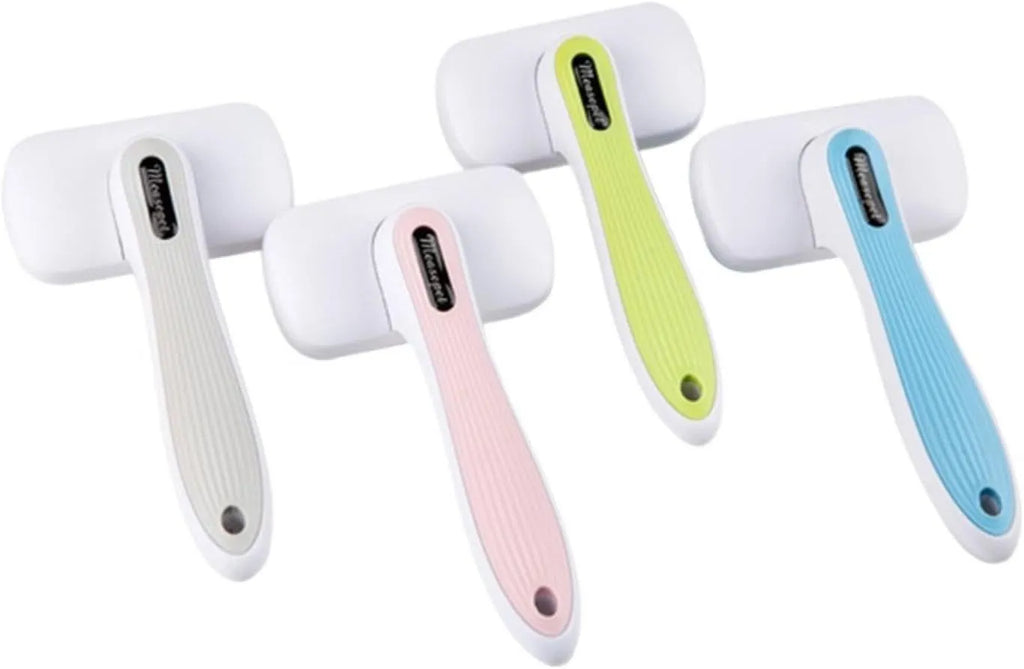 Automatic pet hair removal comb for dogs and cats showing colour options and compact size
