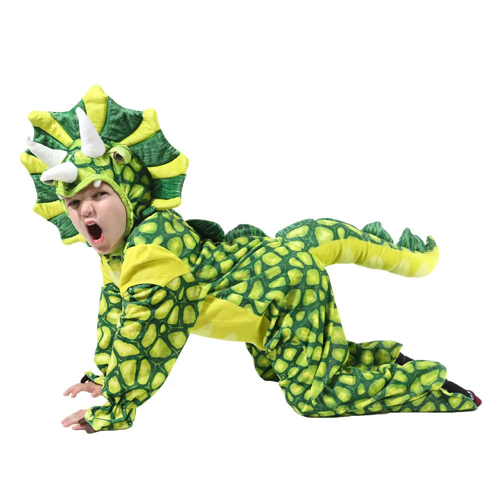 Jurassic Halloween costume for a child available in multiple colours including printed triceratops design.